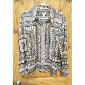 Chico's Size 2 Black Beige Boho‎ Geometric Button Front Shirt Top Long Sleeve